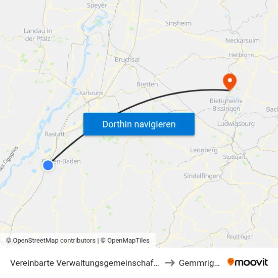 Vereinbarte Verwaltungsgemeinschaft Sinzheim to Gemmrigheim map