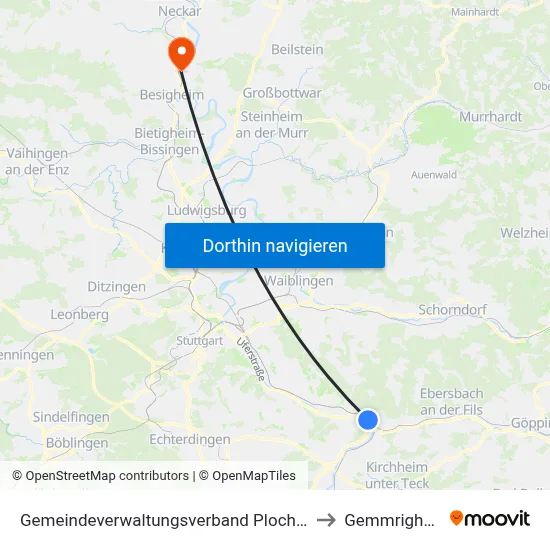 Gemeindeverwaltungsverband Plochingen to Gemmrigheim map
