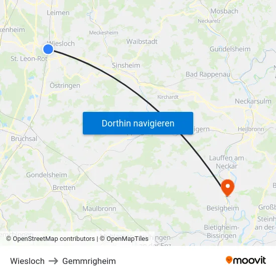 Wiesloch to Gemmrigheim map