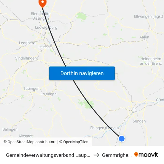Gemeindeverwaltungsverband Laupheim to Gemmrigheim map