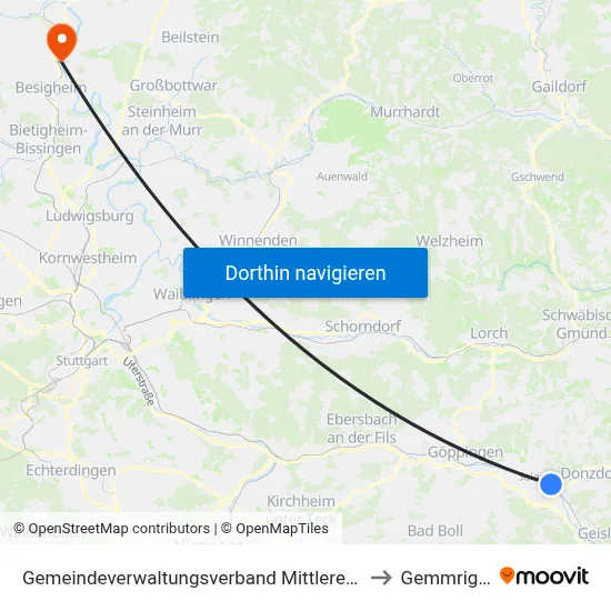 Gemeindeverwaltungsverband Mittleres Fils-Lautertal to Gemmrigheim map