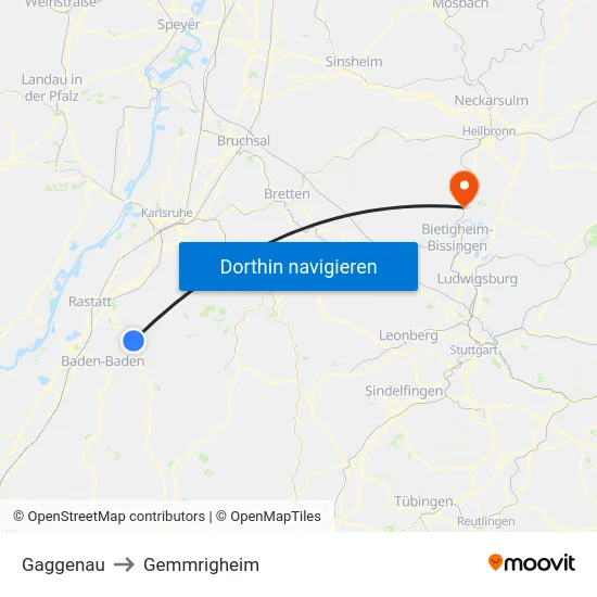 Gaggenau to Gemmrigheim map