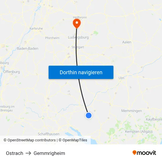 Ostrach to Gemmrigheim map