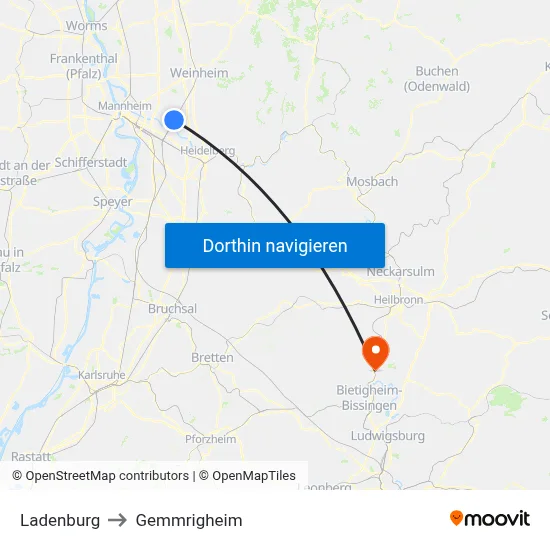 Ladenburg to Gemmrigheim map