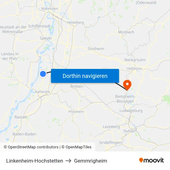 Linkenheim-Hochstetten to Gemmrigheim map
