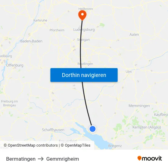 Bermatingen to Gemmrigheim map