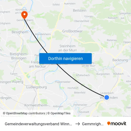 Gemeindeverwaltungsverband Winnenden to Gemmrigheim map
