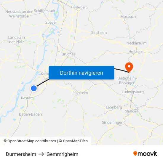 Durmersheim to Gemmrigheim map