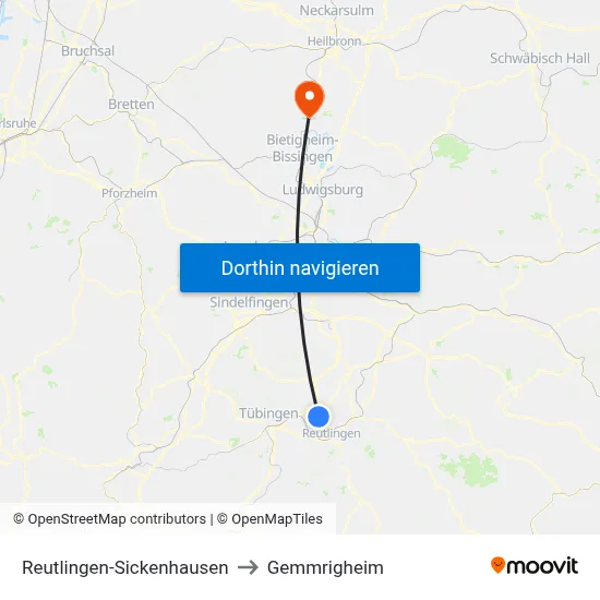 Reutlingen-Sickenhausen to Gemmrigheim map