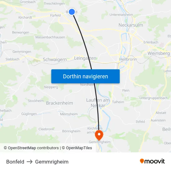 Bonfeld to Gemmrigheim map
