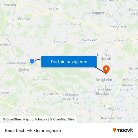 Bauerbach to Gemmrigheim map