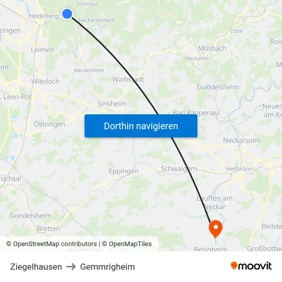 Ziegelhausen to Gemmrigheim map