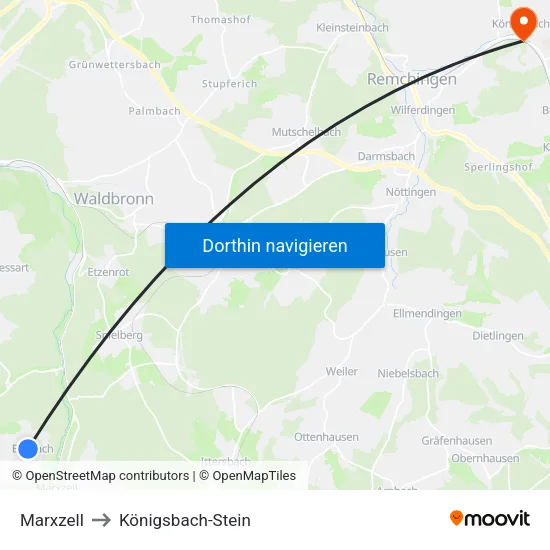 Marxzell to Königsbach-Stein map