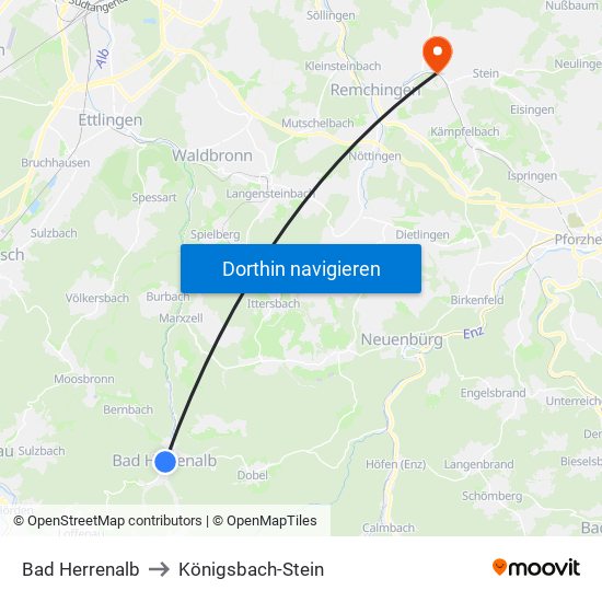 Bad Herrenalb to Königsbach-Stein map