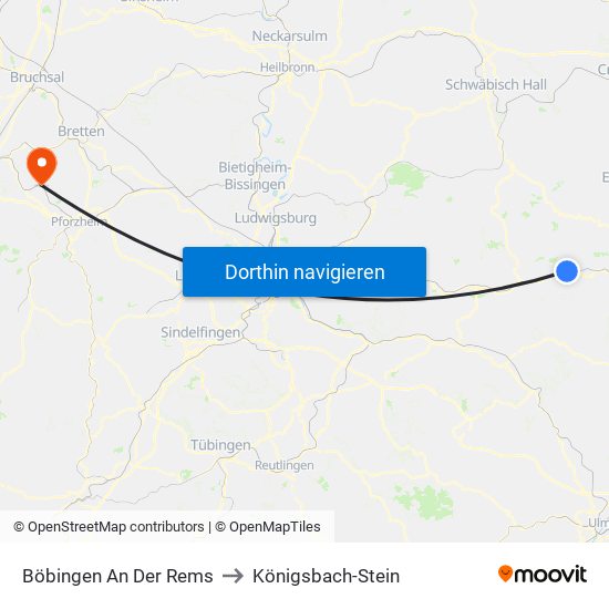 Böbingen An Der Rems to Königsbach-Stein map