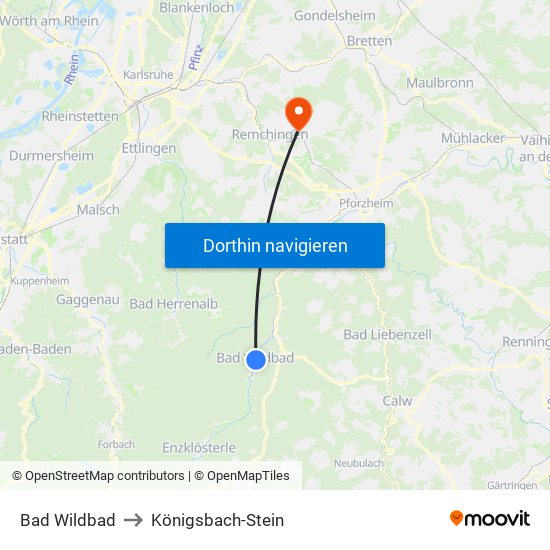 Bad Wildbad to Königsbach-Stein map