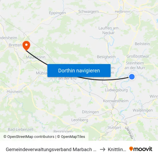 Gemeindeverwaltungsverband Marbach am Neckar to Knittlingen map