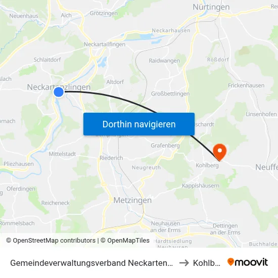 Gemeindeverwaltungsverband Neckartenzlingen to Kohlberg map