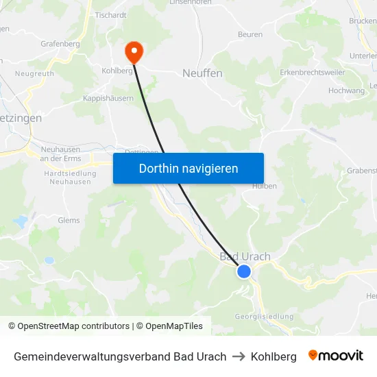 Gemeindeverwaltungsverband Bad Urach to Kohlberg map
