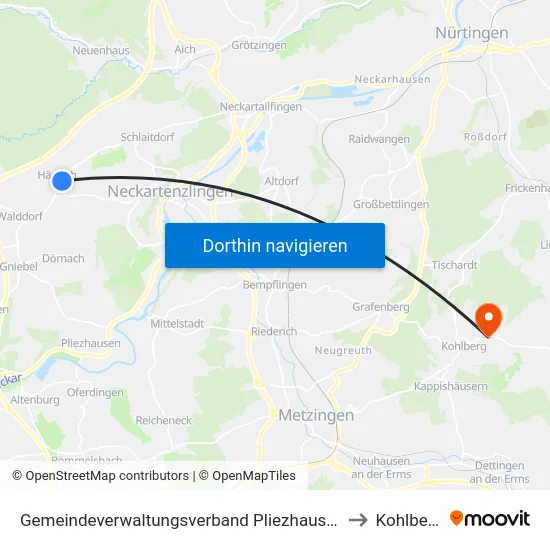 Gemeindeverwaltungsverband Pliezhausen to Kohlberg map