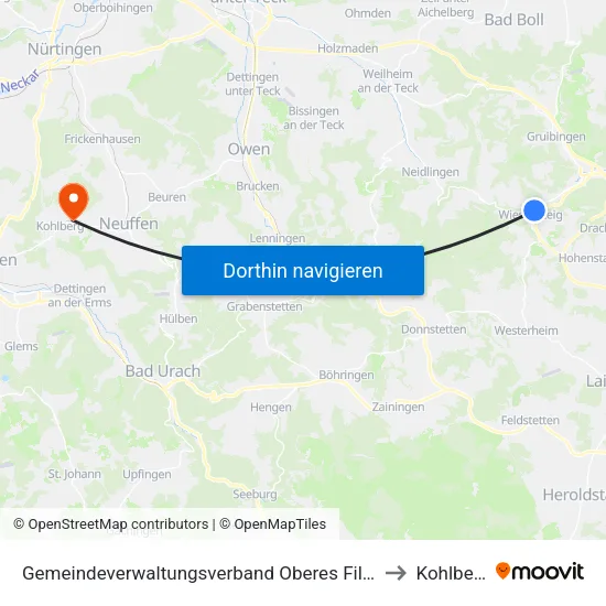 Gemeindeverwaltungsverband Oberes Filstal to Kohlberg map