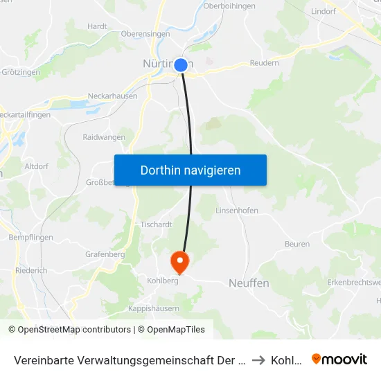 Vereinbarte Verwaltungsgemeinschaft Der Stadt Nürtingen to Kohlberg map