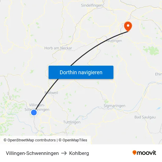 Villingen-Schwenningen to Kohlberg map