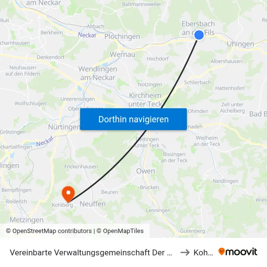 Vereinbarte Verwaltungsgemeinschaft Der Stadt Ebersbach An Der Fils to Kohlberg map