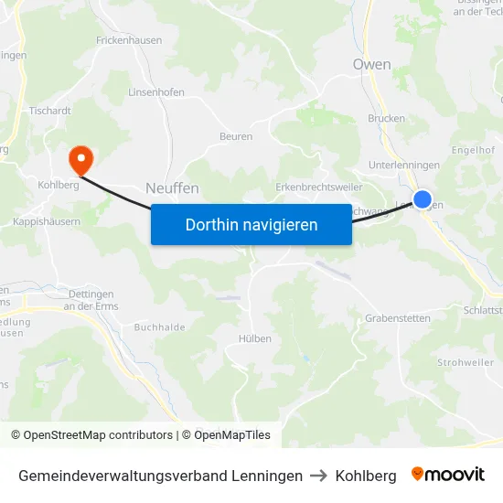 Gemeindeverwaltungsverband Lenningen to Kohlberg map