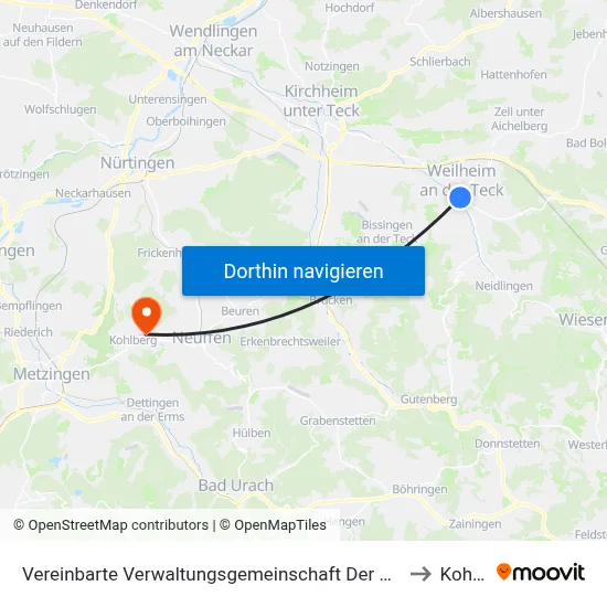 Vereinbarte Verwaltungsgemeinschaft Der Stadt Weilheim An Der Teck to Kohlberg map