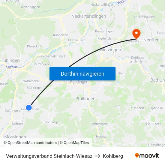 Verwaltungsverband Steinlach-Wiesaz to Kohlberg map