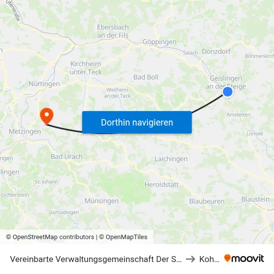 Vereinbarte Verwaltungsgemeinschaft Der Stadt Geislingen An Der Steige to Kohlberg map