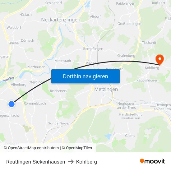 Reutlingen-Sickenhausen to Kohlberg map