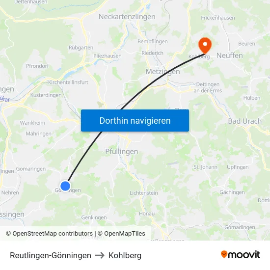 Reutlingen-Gönningen to Kohlberg map