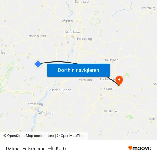 Dahner Felsenland to Korb map