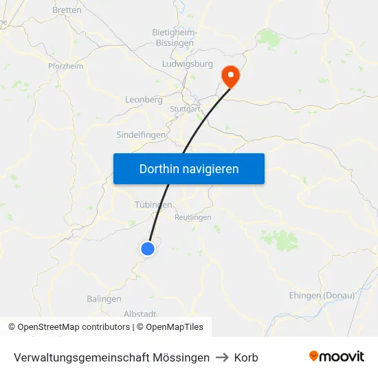 Verwaltungsgemeinschaft Mössingen to Korb map