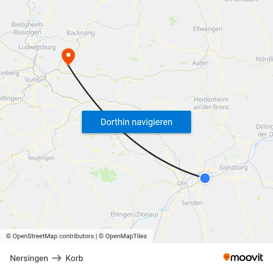 Nersingen to Korb map