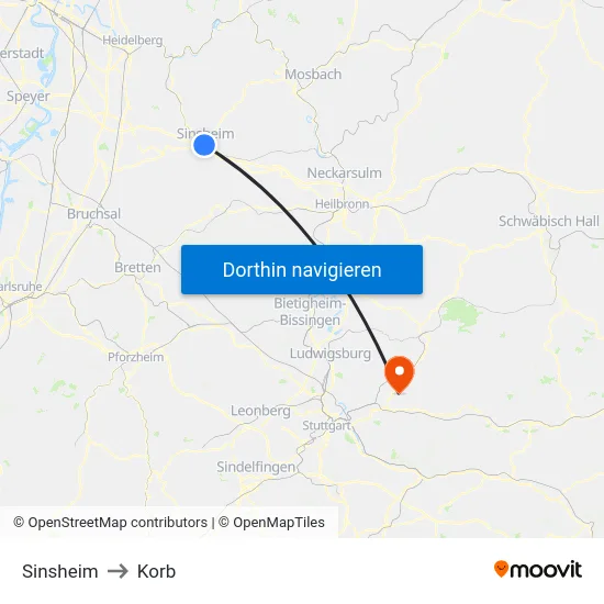 Sinsheim to Korb map