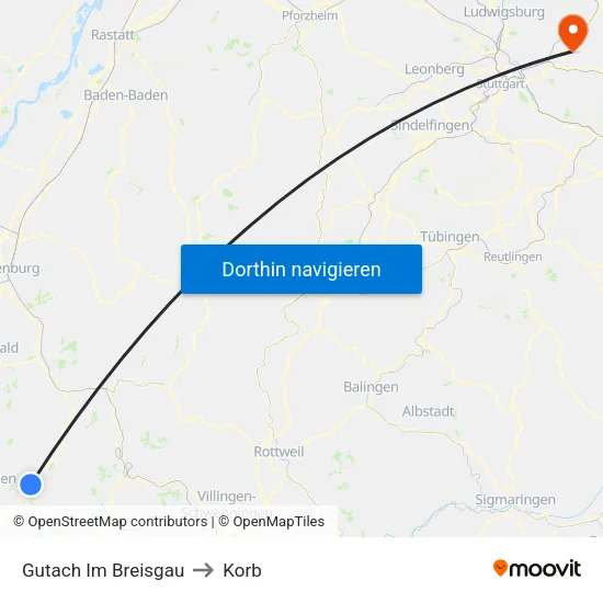 Gutach Im Breisgau to Korb map