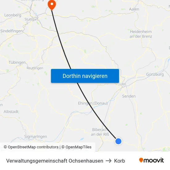 Verwaltungsgemeinschaft Ochsenhausen to Korb map