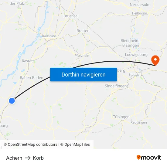 Achern to Korb map