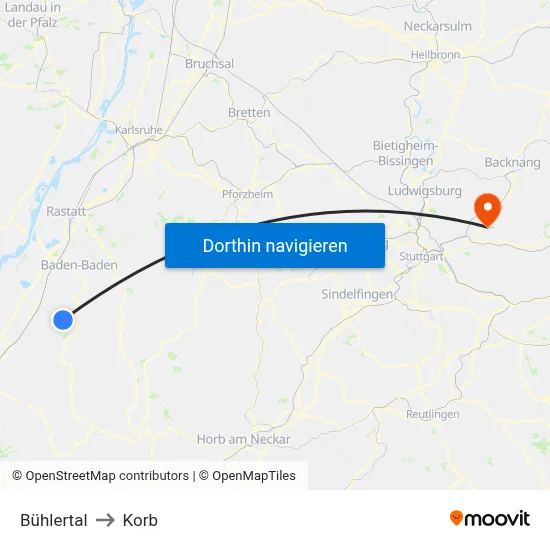 Bühlertal to Korb map