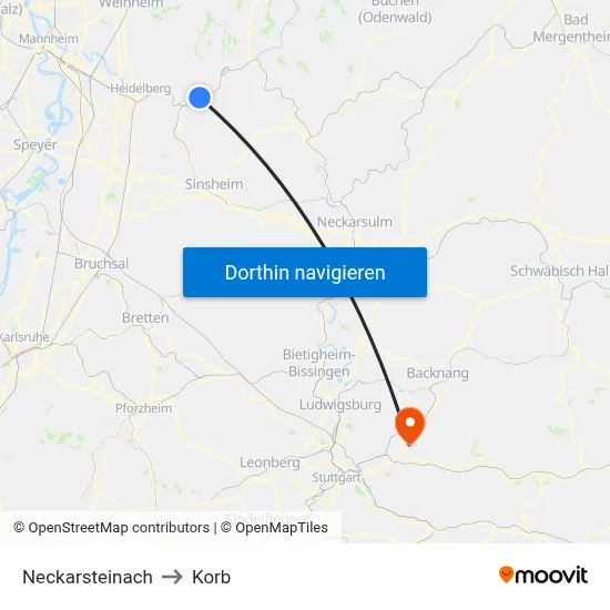 Neckarsteinach to Korb map