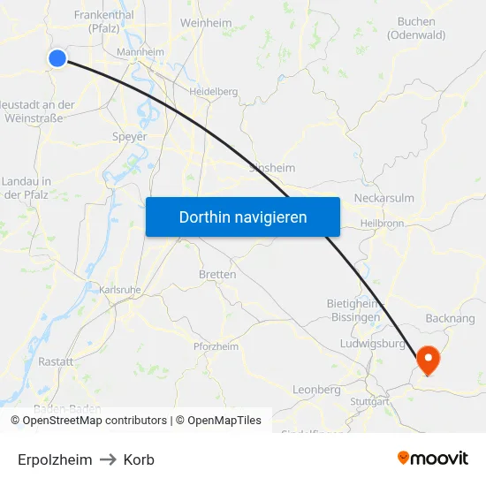 Erpolzheim to Korb map