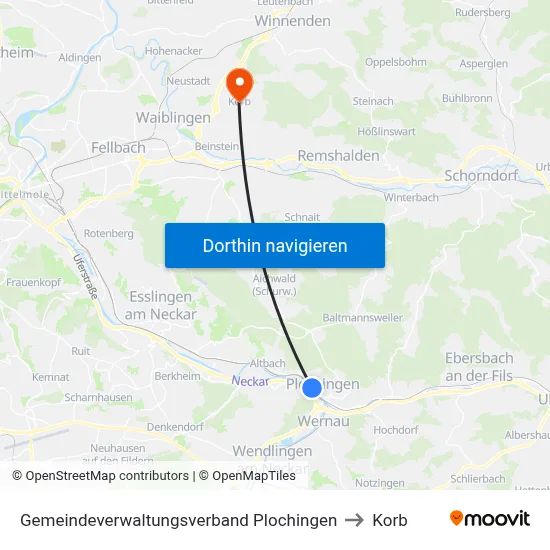 Gemeindeverwaltungsverband Plochingen to Korb map