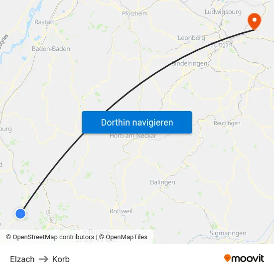 Elzach to Korb map