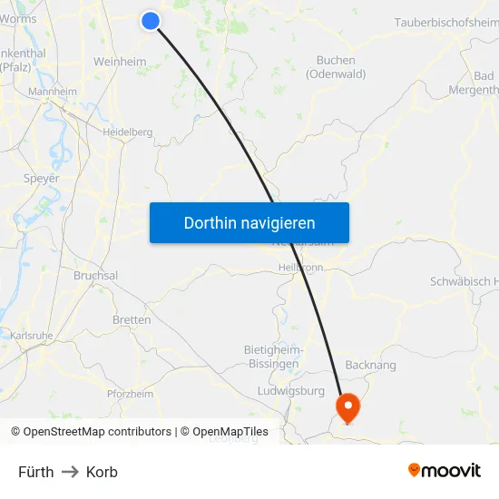 Fürth to Korb map