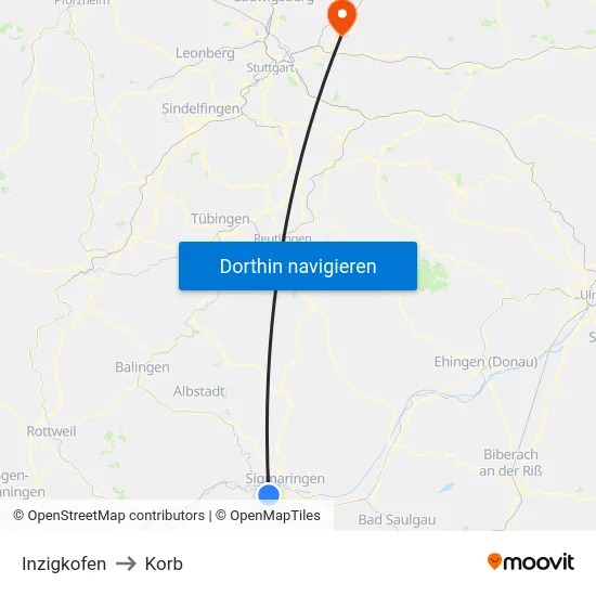 Inzigkofen to Korb map
