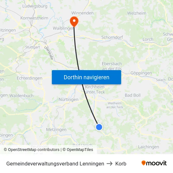 Gemeindeverwaltungsverband Lenningen to Korb map