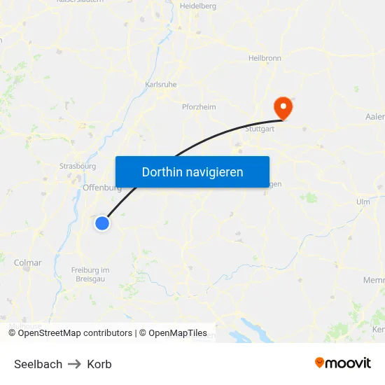 Seelbach to Korb map